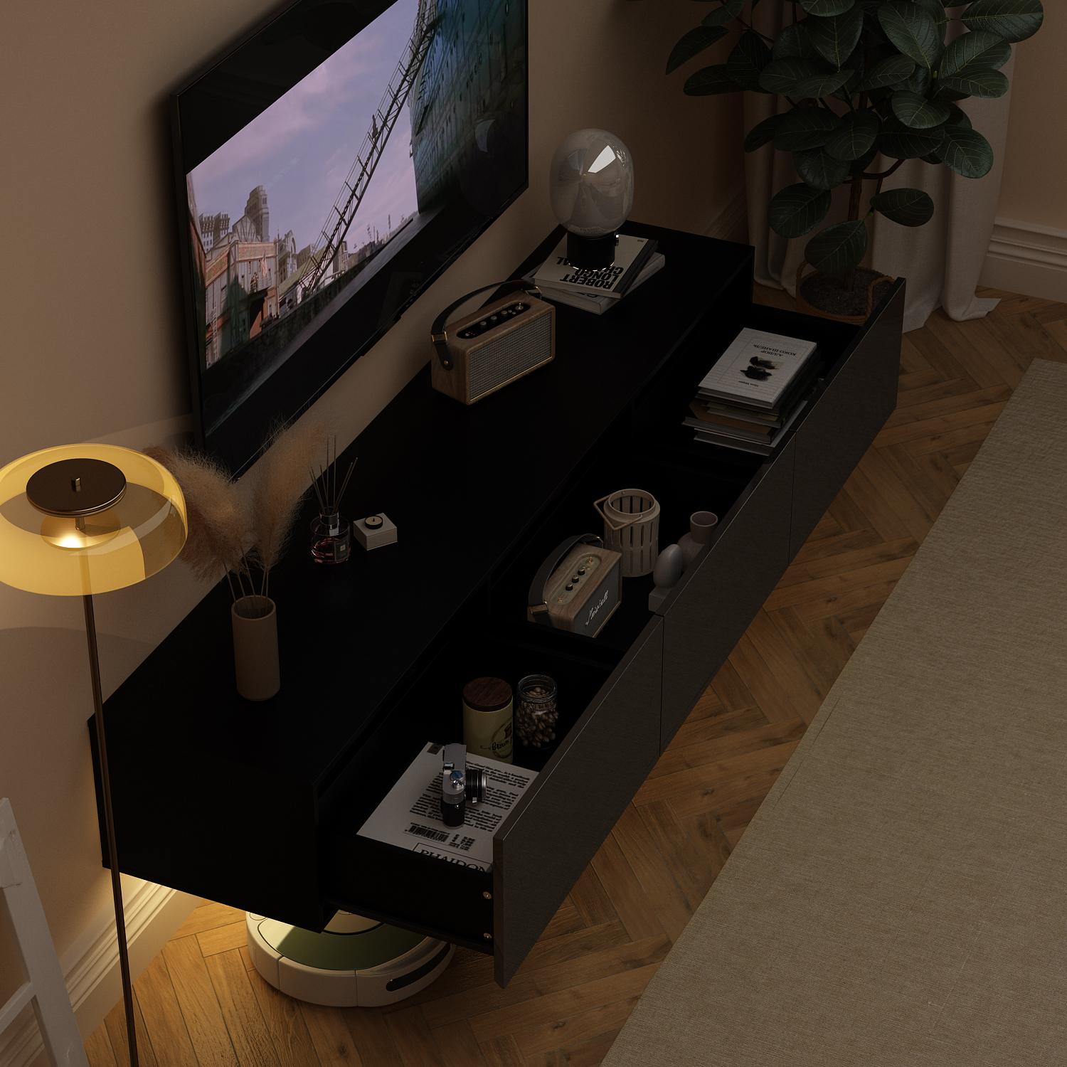 FUFU&GAGA Floating LED TV Stand for TVs up to 70", Wall Mounted Wood Media Console with Glossy Surface & 44 Color LED Lights