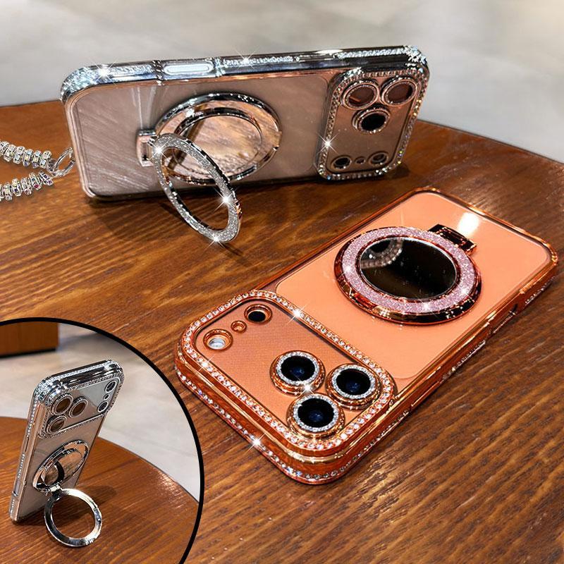 Women's Phone Case with Mirror & Stand for iPhone 12/13/14/15/16/17 Pro Max Plus Air Shiny Frame High-Definition Transparent Material Full-Body Drop-Resistant Design