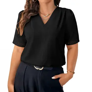 Eytino Plus Size Tops for Women Dressy Casual Pleated V Neck Short Sleeve Business Work Office Blouses Shirts(1X-5X)