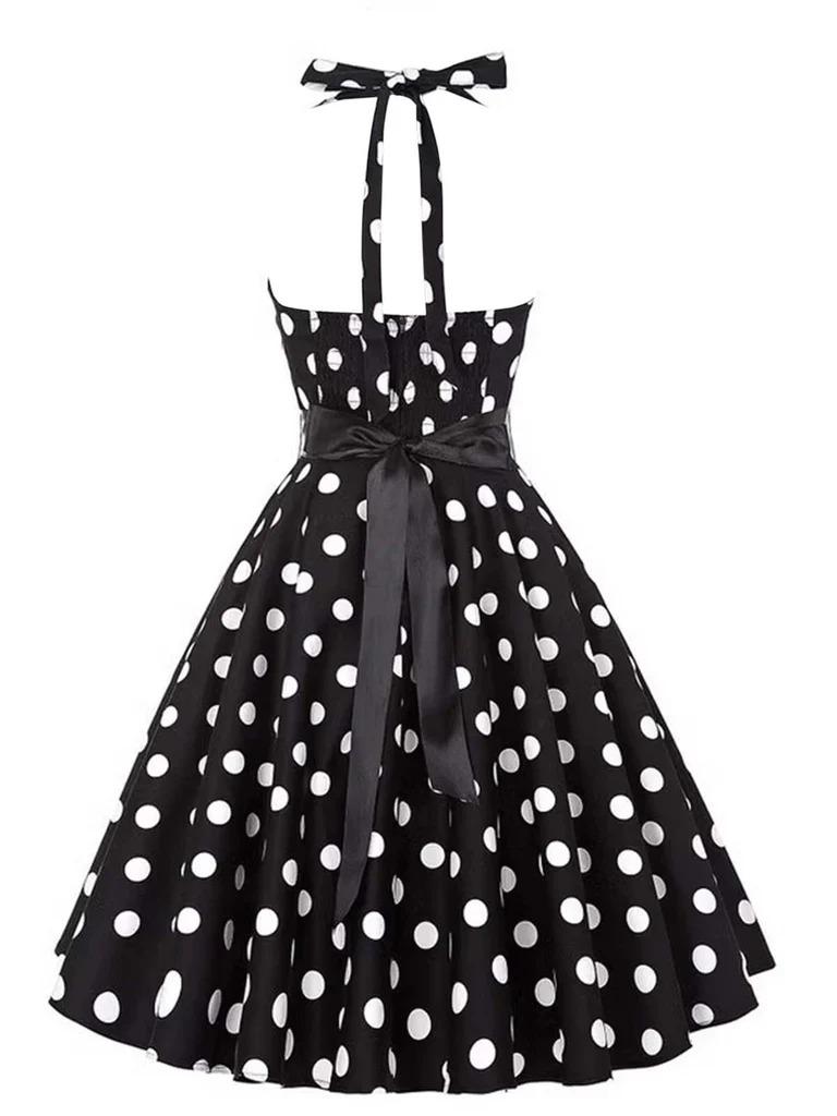 Retro Stage 1950s Vintage Polka Dot Halter Dress for Women A-line Silhouette valentine's Day with Bow Detail & Flared Skirt Casual Everyday Wear