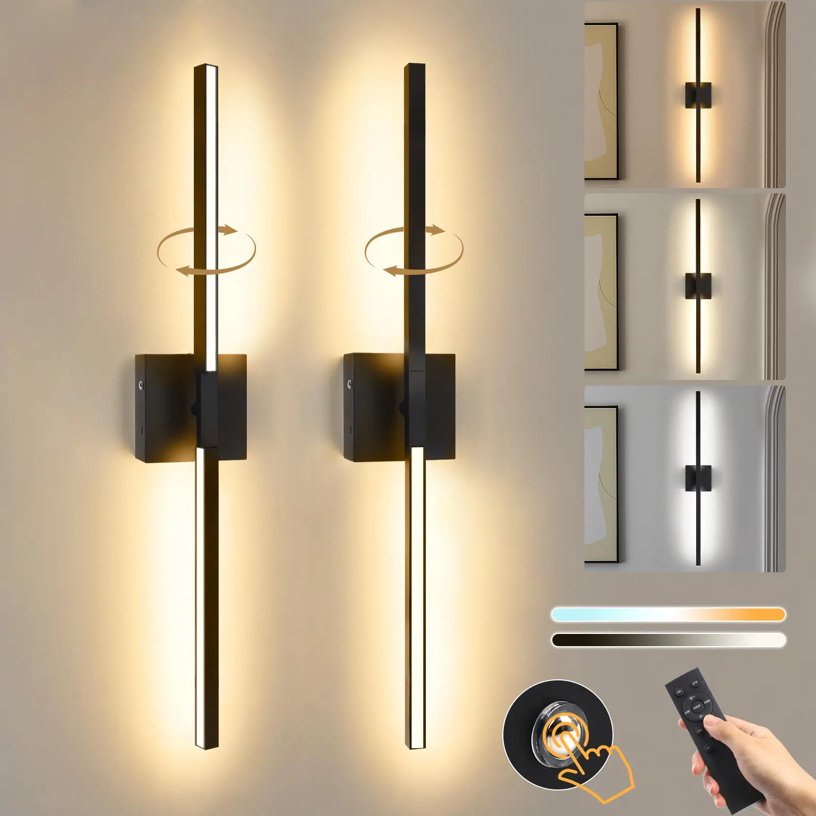 Serbasic 10000mAh Battery Operated Wall Sconce with Touch,Remote Control, 3000/4000/6000K Dimmable Black Wireless Rechargeable Wall Sconce with Timer Function for Living Room, Bedroom, TV