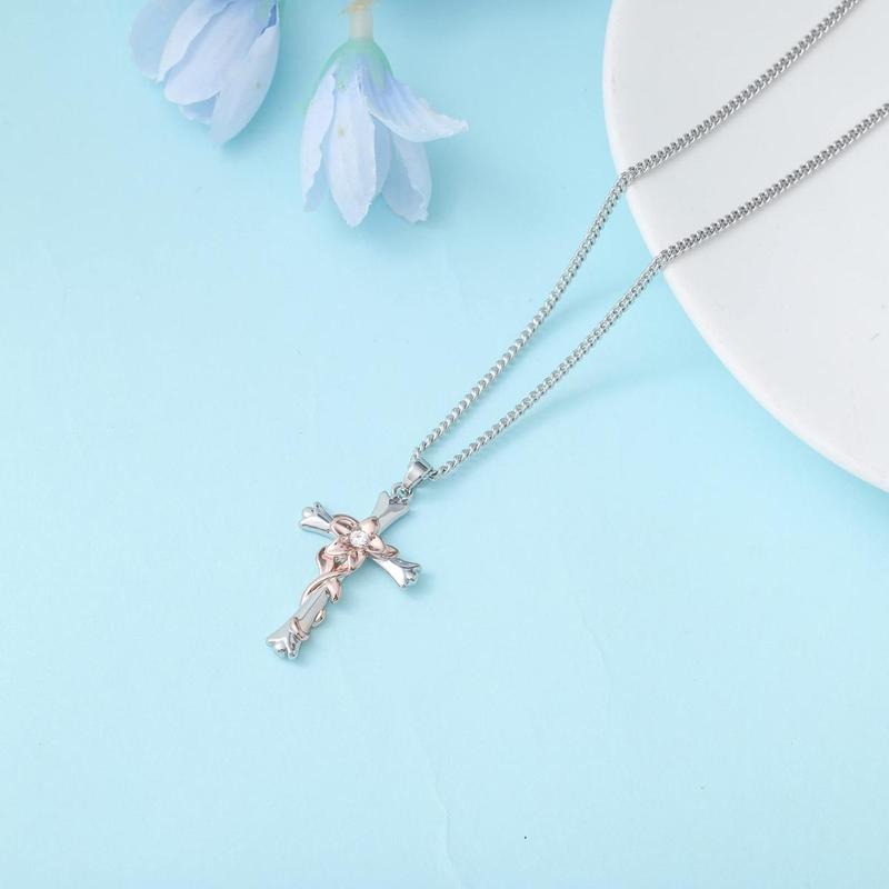 Cross Rose Flower Necklace for Women Elegant Temperament Pendant Necklaces Jewelry for Teen Valentine's Day Birthday Anniversary Gifts for Ladie Wife Cross Rose Flower Necklace for Women Elegant Temperament Pendant Necklaces Jewelry for Teen Valentine's Day Birthday Anniversary Gifts for Ladie Wife