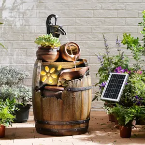 Solar Water Fountain Outdoor Rustic Pump and Barrel,4 Tiered Cascading Bowl Solar Powered Water Fall Fountains Outside Feature with LED Lights for Garden, Patio, Porch, Backyard Decor