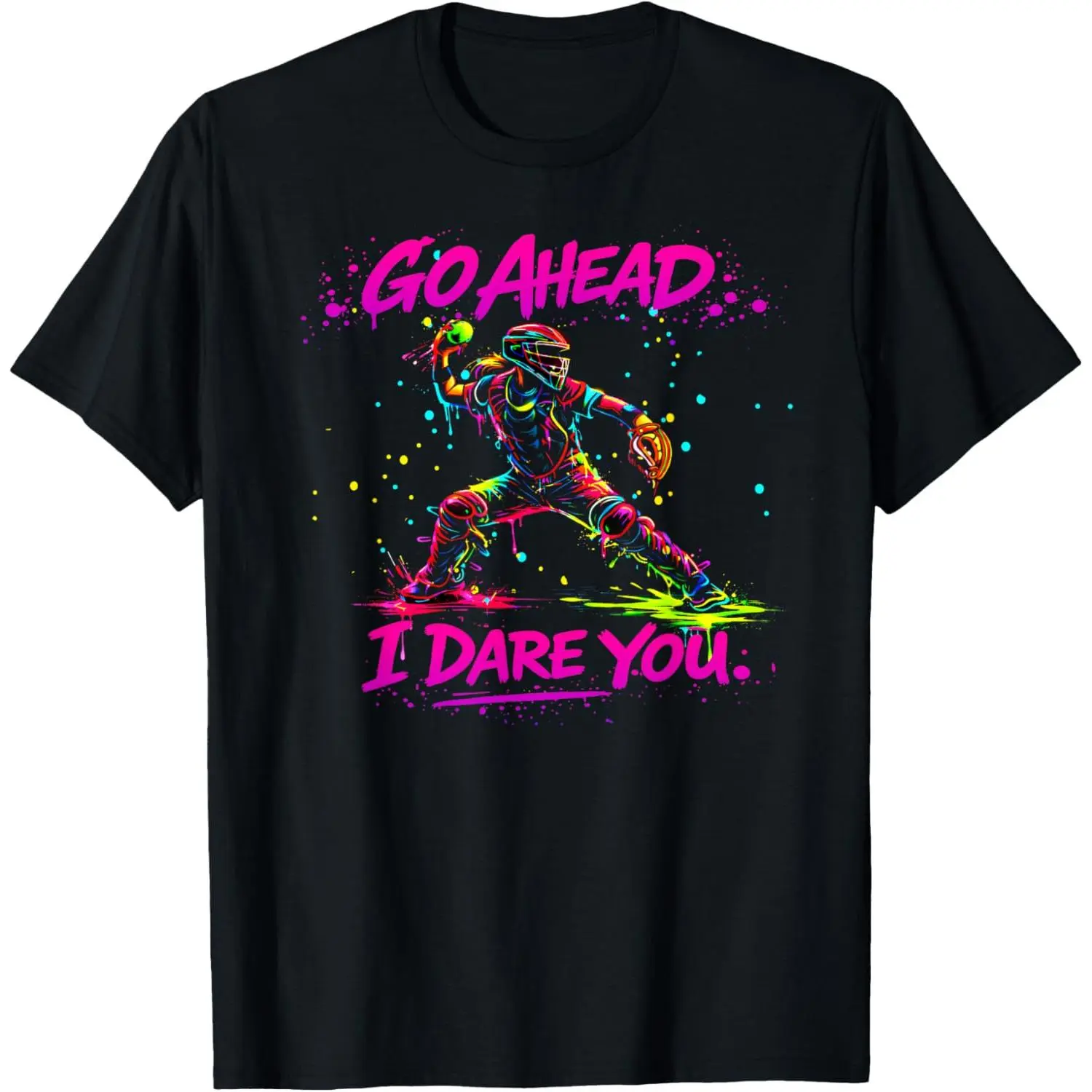 Women's 100% Cotton Short-Sleeve Vintage Streetwear T-Shirt, Casual Everyday Soft Top with "I Dare You" Softball Catcher Quote & Paint Splatter Design