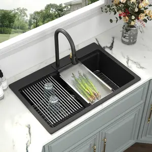 Kichae 33 Inch Drop In Kitchen Sink Waterfall - 33"x22" Black Granite Quartz Composite Smart Single Bowl Waterfall Workstation with Pull-Down Faucet Combo