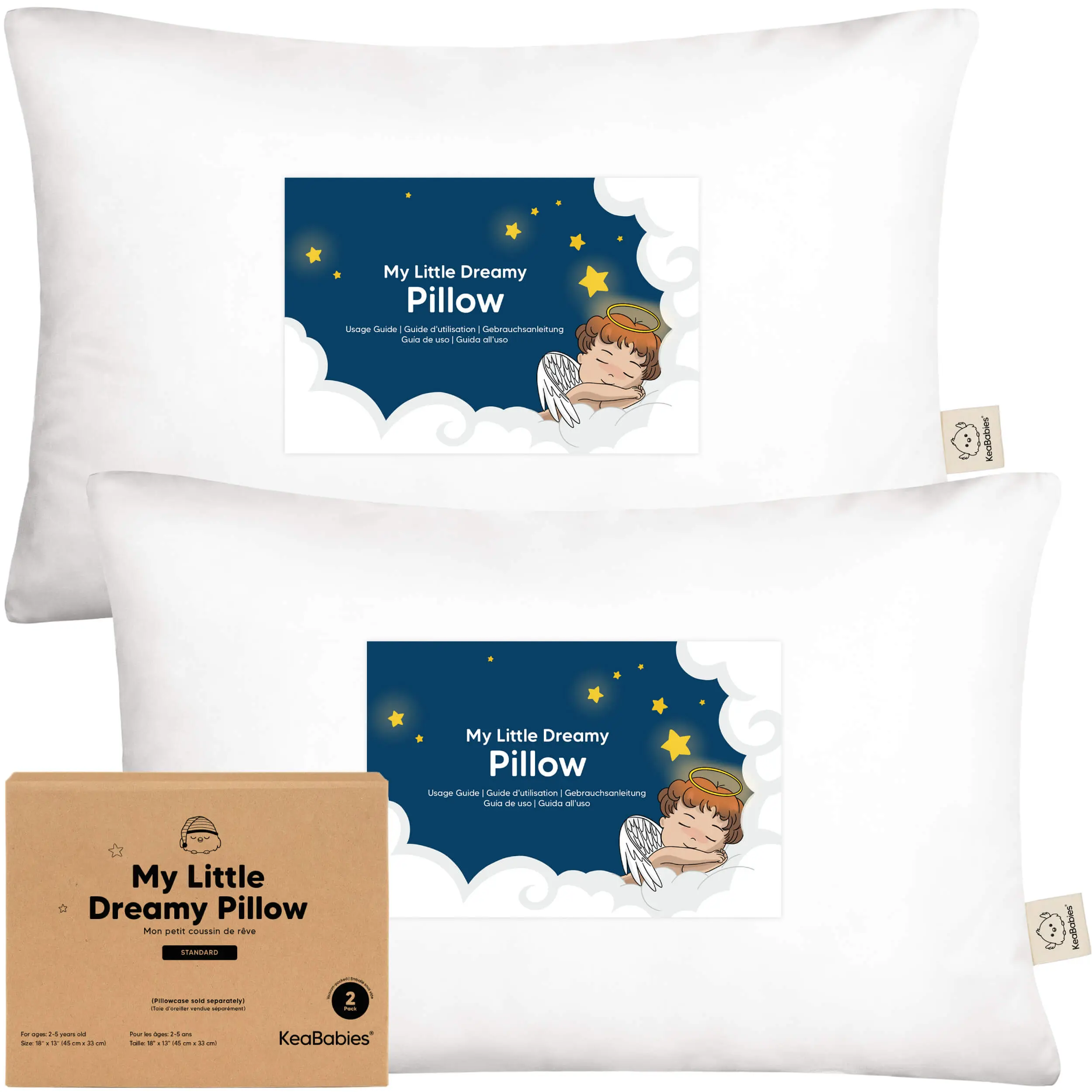 KeaBabies 2-Pack Toddler Pillows 2 Year Old to 5-13x18 Soft Organic Cotton Kids Pillow for Sleeping, Travel, School, Daycare, Nap, Toddler Bed, Machine Washable, Without Pillowcase