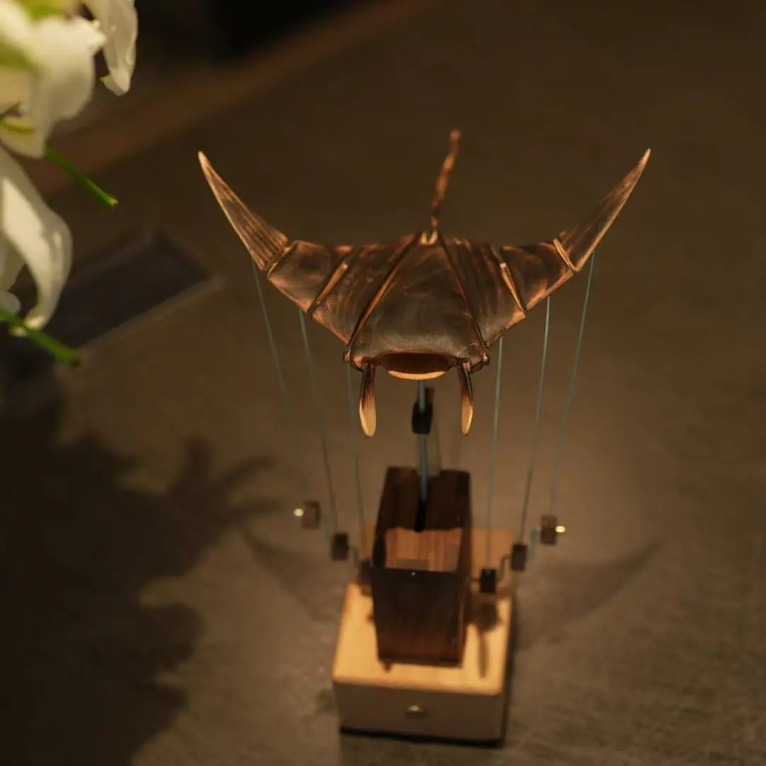 Handmade Wooden Manta Ray Mechanical Automaton - Internal Gears, USB-C Rechargeable, Silent Non-Musical, 9.4in x 7.1in, Whimsical Craftsmanship Decoration, Room Accessories (summerwins), Chill Room Accessories homedecor