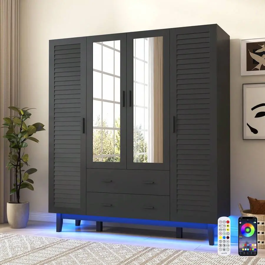 All-Black MDF Wood Armoire Wardrobe Closet Cabinet - 2/3/4-Door Louver Sliding Doors, 4-Compartment Closet Storage, Drawer Organizer, USB-Powered LED Lights, Multi-Tier Shelves, Hanging Rod, Bedroom Indoor Furniture