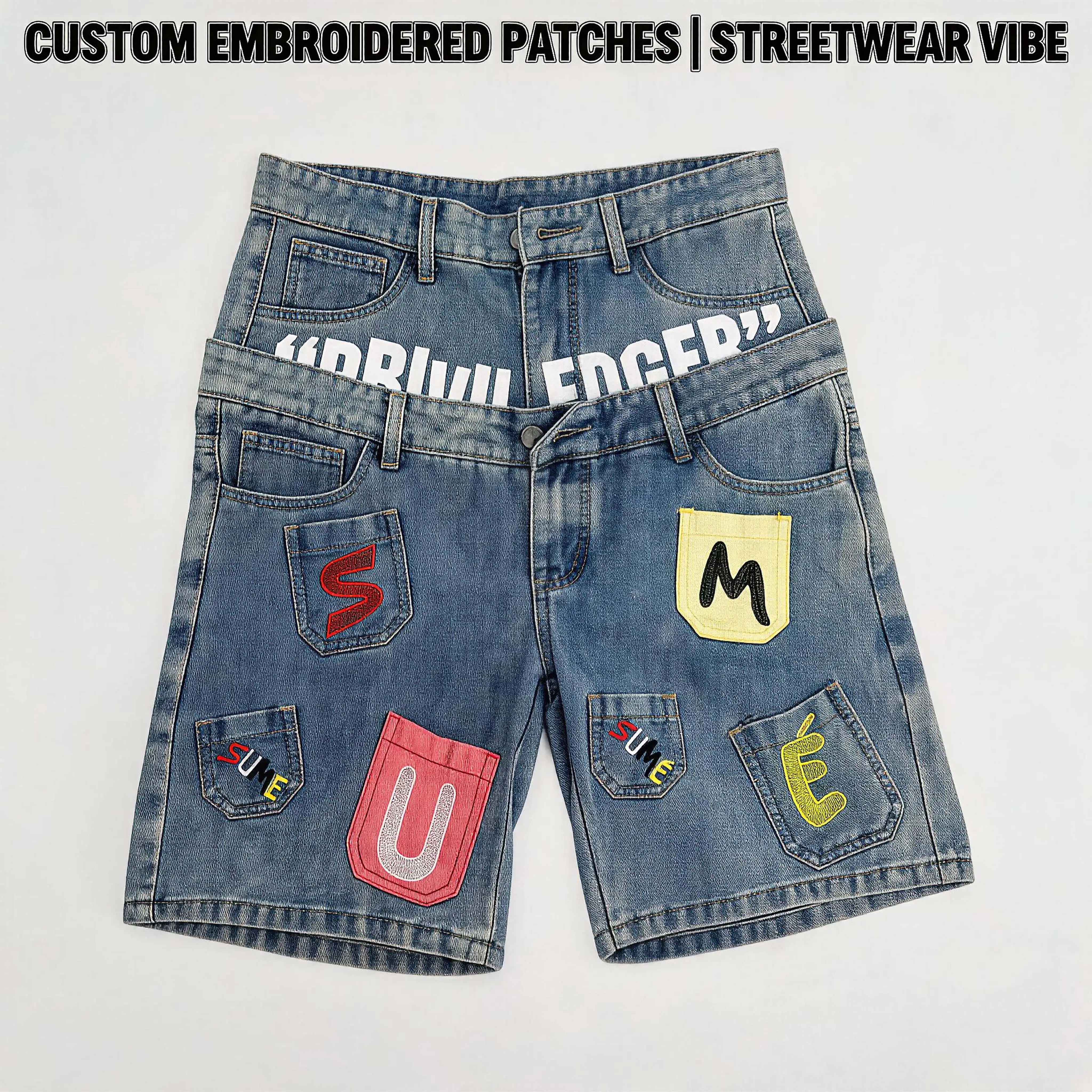 Y2K jorts, double waist denim shorts, vintage denim shorts, streetwear jeans shorts, 2000s aesthetic, patchwork letter jeans, layered waist shorts, grunge retro, summer street style, alt fashion