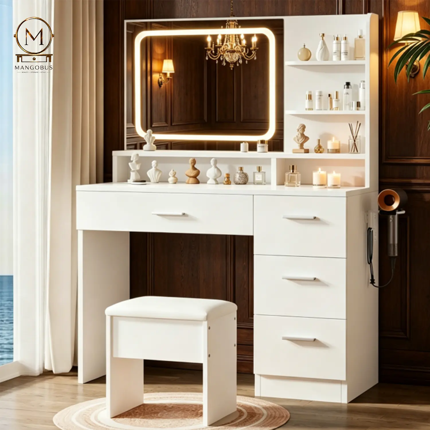 Luxury LED Mirror Vanity Desk for Women - Ample Cosmetic Storage, Cozy Bedroom Makeup Station white