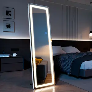 Floor Mirror, Stand Mirror Full Length with LED Lights, Dimming & 3 Color Lighting, Aluminum Alloy Thin Frame for Bedroom, Dressing Room Decor