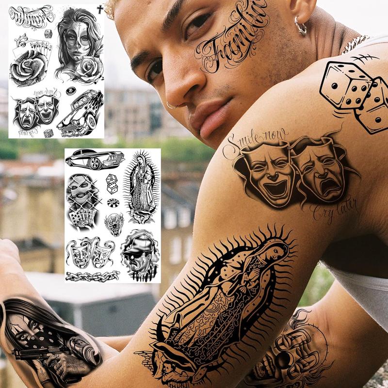 6 Sheets Large Chicano Temporary Tattoos For Men Women Adult, Chicana Guadalupe Gangster Fake Tattoos Prisoner Day of the Dead, Mexico Tattoo Stickers, Tatuajes Temporales Autocolante sticker tattoo sleeve rising sun tattoo