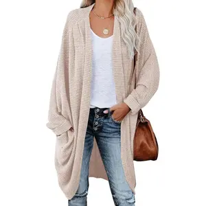 Womens Open Front Knit Cardigan Long Batwing Sleeve Oversized Sweater Chunky Waffle Cable Boho Pockets Coat Tops Casual