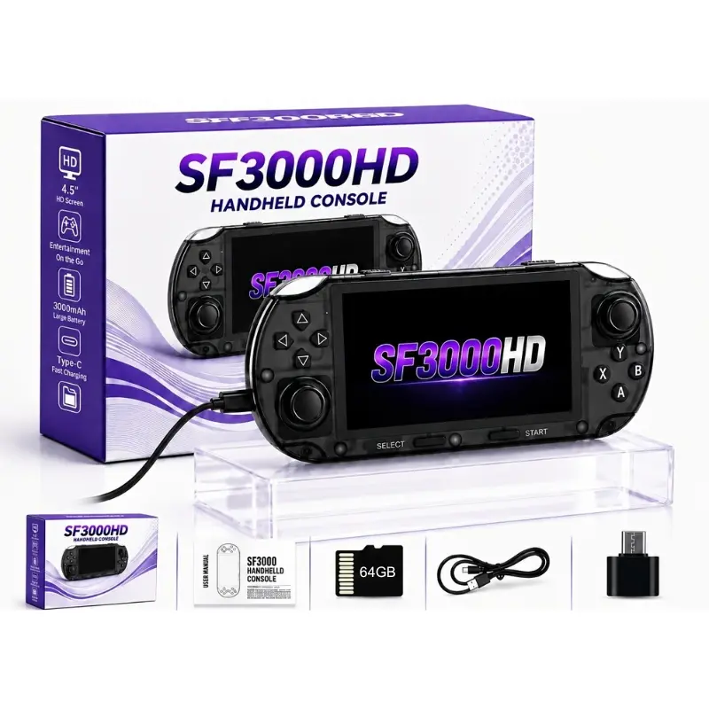 SF3000HD 2026 Upgrade Handheld Gaming Console, 4.5" IPS HD Display, Dual Analog Joysticks, USB Charging, Retro Game Compatible for Mobile Use