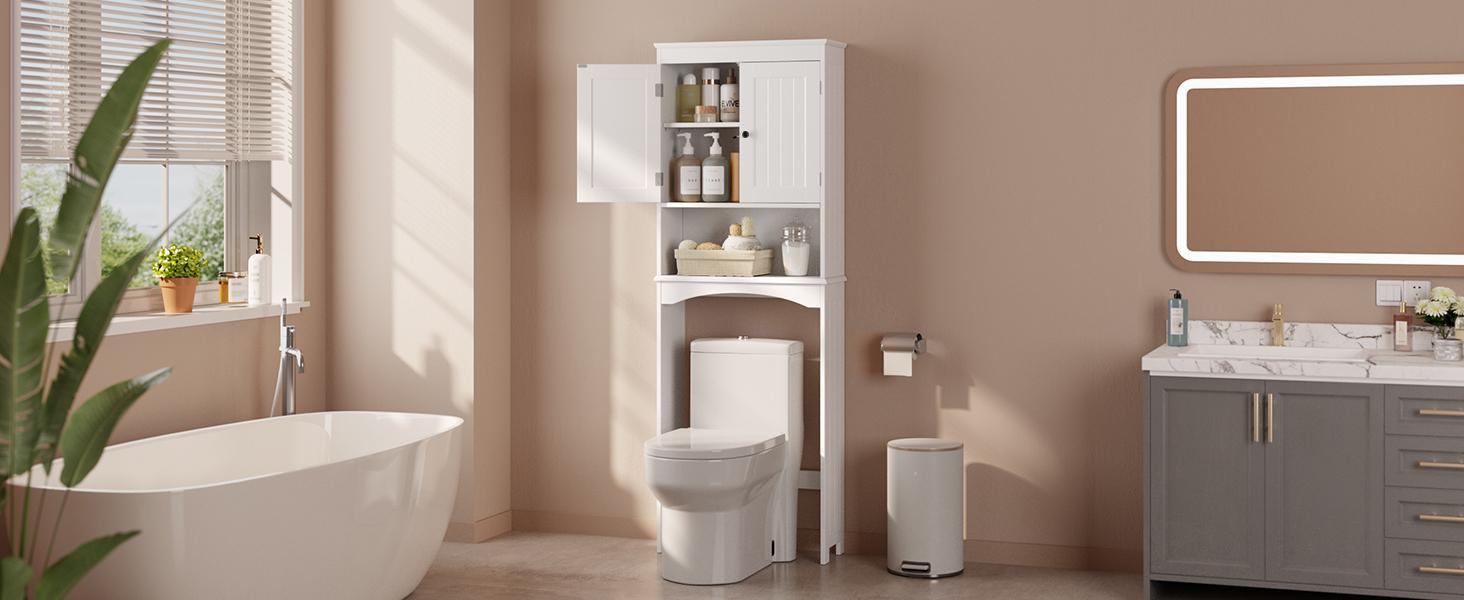 Gizoon Over The Toilet Storage Cabinet with Adjustable Shelf and Double Doors, Bathroom Space Saver Organizer Above Toilet with Open Shelf, Taller Wooden Free Standing Toilet Rack -White