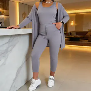 3PCS Women’s Pajama Set – Solid Color Fashion Casual Sportswear Set with Trendy Jacket, Vest, and Pants; Homewear for Indoor/Outdoor Leisure Wear