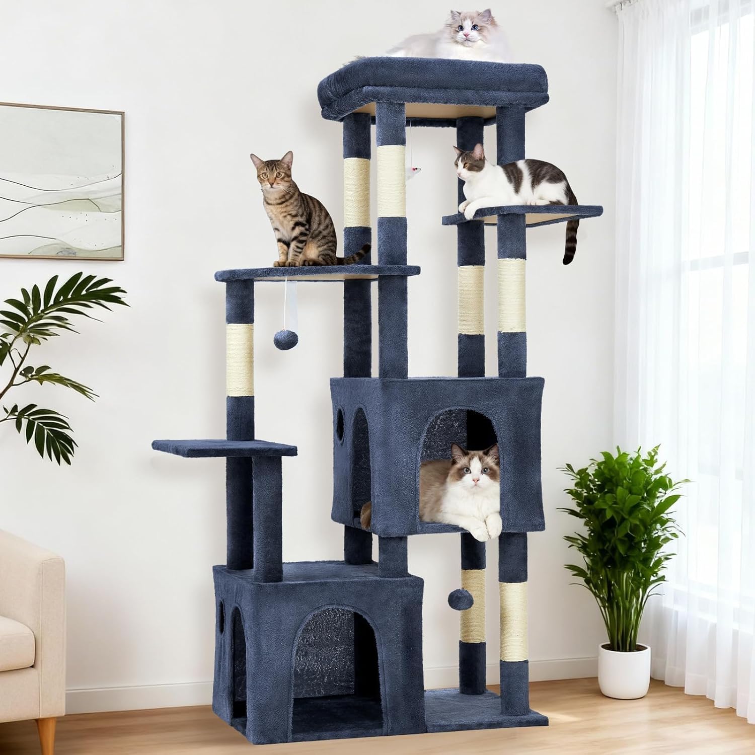 61" Large Cat Tree Tower for Indoor Cats, Heavy-Duty Multi-Level Cat Condo for Maine Coon & Big Cats with Extra-Large Perch, 2 Spacious Houses, Sisal Scratching Posts & Hanging Toys 61" Large Cat Tree Tower for Indoor Cats, Heavy-Duty Multi-Level Cat Condo for Maine Coon & Big Cats with Extra-Large Perch, 2 Spacious Houses, Sisal Scratching Posts & Hanging Toys