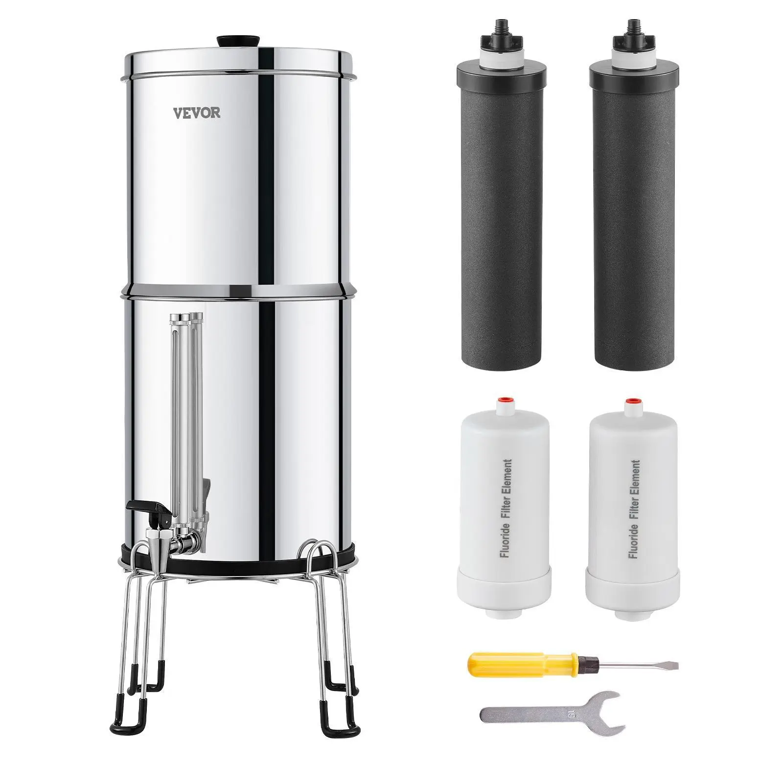 【Summerfinds】VEVOR Gravity-fed Water Filter System, 2.25G 304 Stainless-Steel Countertop Filtration System, Reduces Lead and up to 99% of Chlorine, with 2 Activated Carbon Filter, 2 Defluorination Filter, Spigot