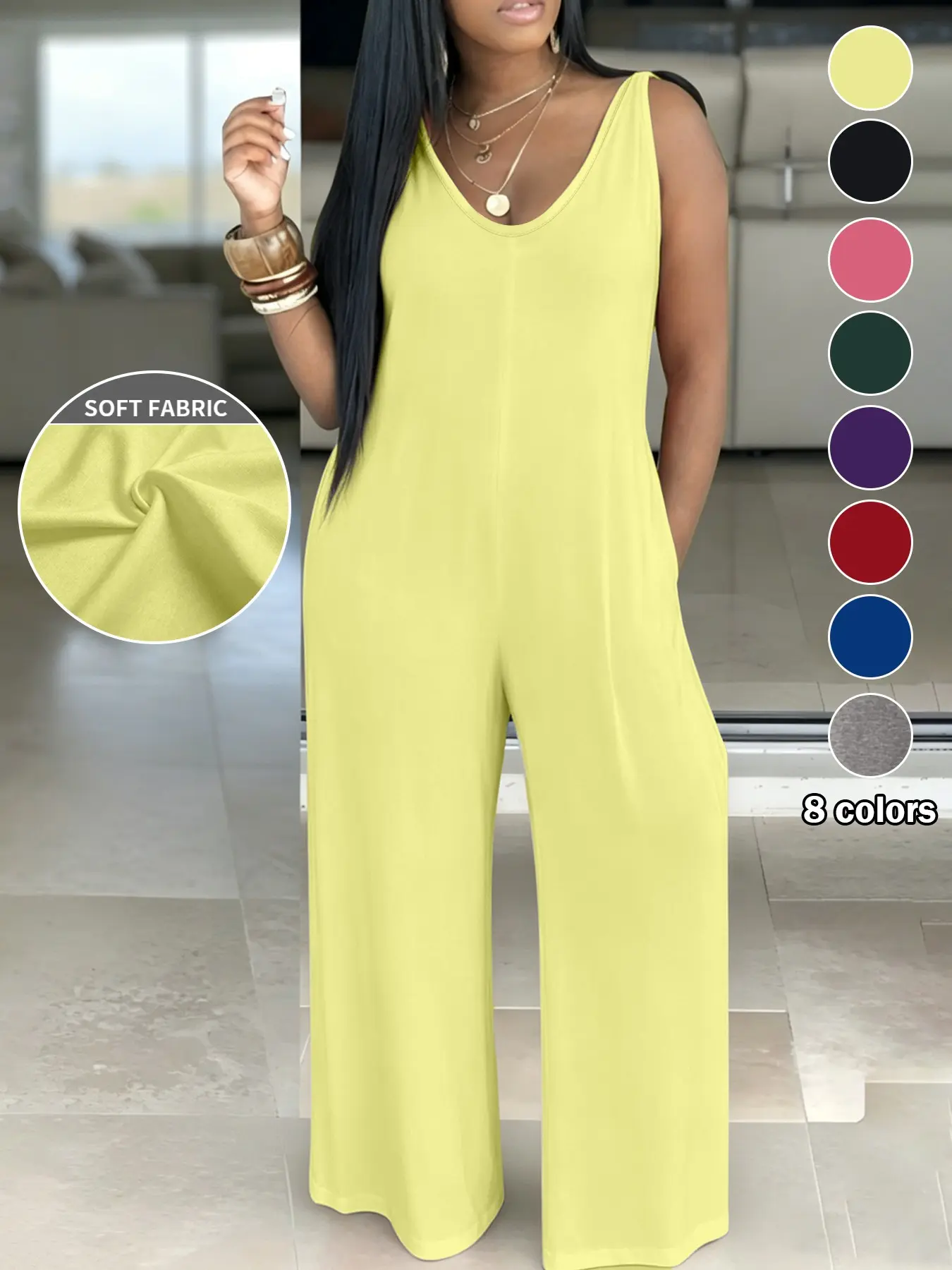 Plus Size Women's Casual Loose Simple Solid Sleeveless Pockets Wide-Leg Hooded Jumpsuits for Everyday Wear Basic