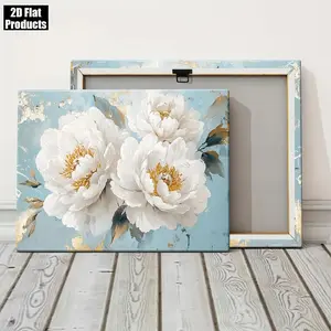 2D Flat, Elegant White Peonies Canvas Art in Light Blue Frame - 2D Wooden Wall Decor for Living Room, Bedroom, Bathroom, Kitchen, and Home Office - Art Deco Style, Wrapped Canvas, Perfect for Modern Home Decor, Bedroom Wall Art |   Art Deco Style	