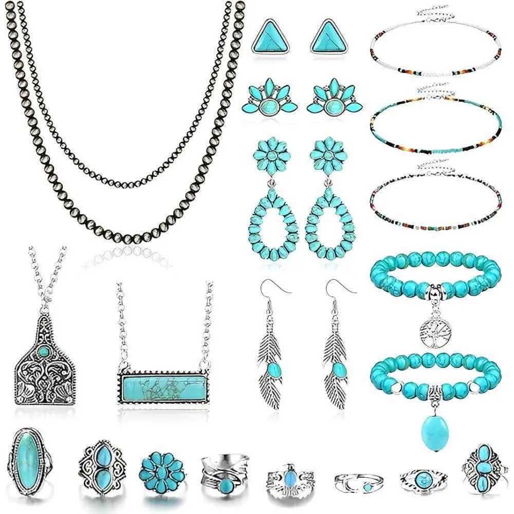 Fansilver 25pcs Turquoise Jewelry for Women Bohemian Western Jewelry Set Navajo Pearl Necklace Beaded Choker Necklace Turquoise Earrings Bracelet Vintage Knuckle Rings Boho Western Jewelry for Women Boho Outfits & Accessories Summervibes