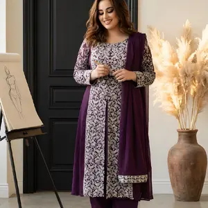 Anarkali Suit in purple Georgette Fabric with Mirror Embroidery Pants & Dupatta for Festive Wear Special Occasions Women's Traditional Dress