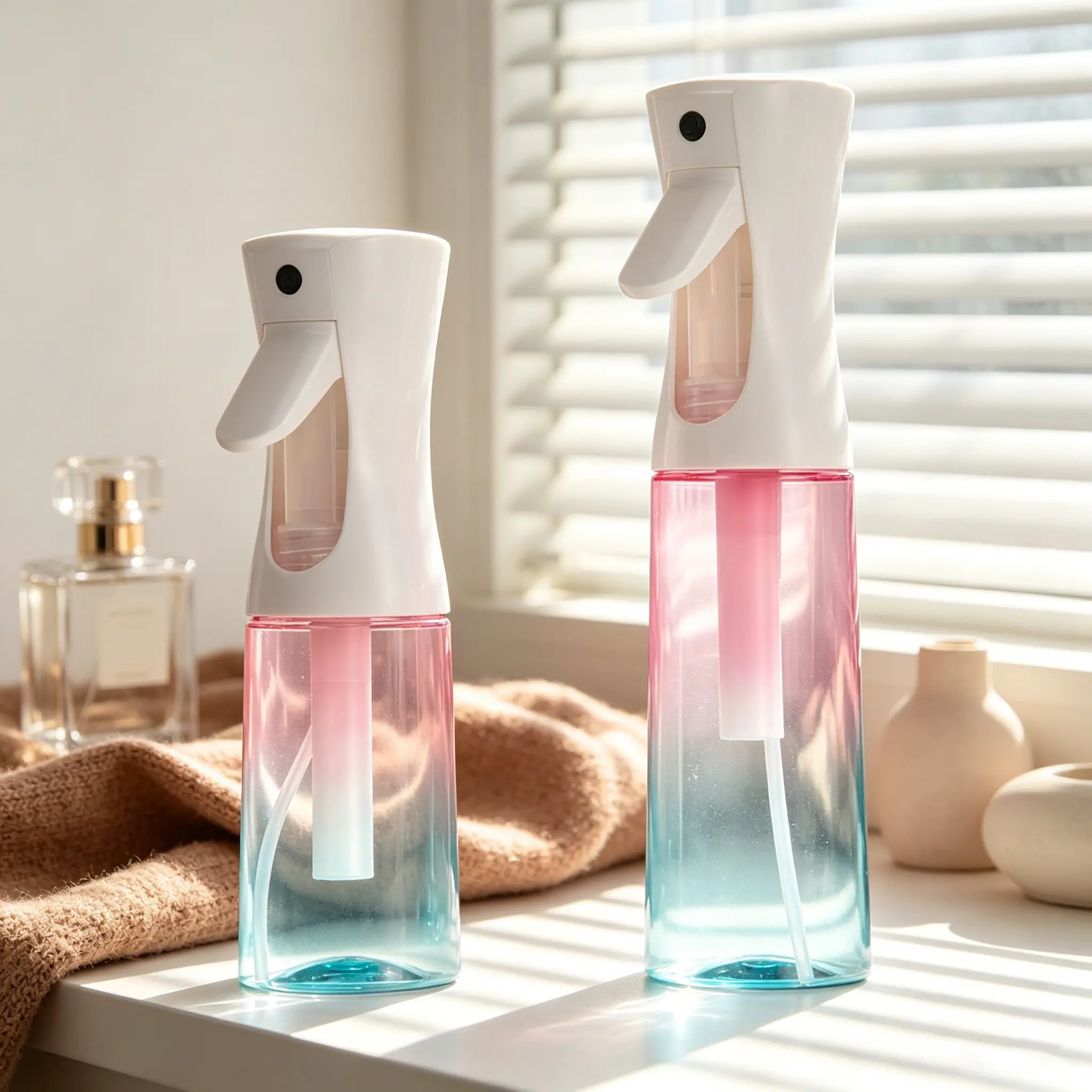 Lotion-Compatible Continuous Spray Bottle with Ultra-Fine Mist Sprayer, Grip Handle, Curved Shape, Full Even Coverage for Refreshing Curly Hair & Garment Ironing, Portable Compact Durable Handheld Tool for Adults