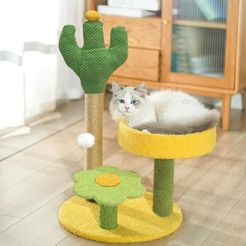 Yellow Cactus Cat Tree Sturdy Cat Scratching Post Climbing Frame for Kitten Adult Cat