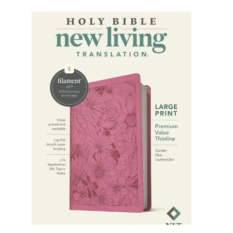 NLT New Living Translation Religious English Holy Bible - Filament-Enabled, Large Print, 6.3x1.1x9.7 inches, 6.3" Slim Thinline Profile, Smooth Feel Garden Pink Imitation Leather Finish, Premium Value, Easy Handling for Daily Use (2.31 lbs)