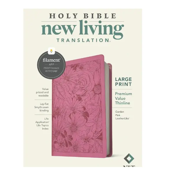 NLT New Living Translation Religious English Holy Bible - Filament-Enabled, Large Print, 6.3x1.1x9.7 inches, 6.3" Slim Thinline Profile, Smooth Feel Garden Pink Imitation Leather Finish, Premium Value, Easy Handling for Daily Use (2.31 lbs)