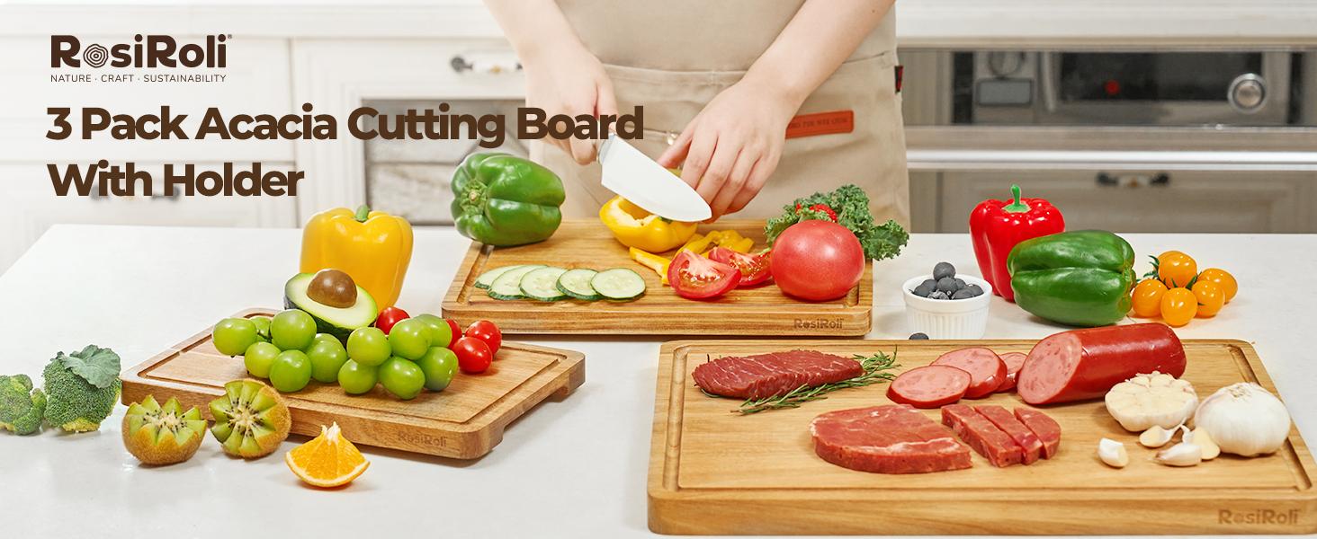【NewYear2026】RosiRoli Wood Cutting Board Set- Small, Medium & Large Acacia Chopping Boards with Holder, Kitchen Wooden Cutting Board Set, Charcuterie Board Gift Set,Valentine’s Day Gift