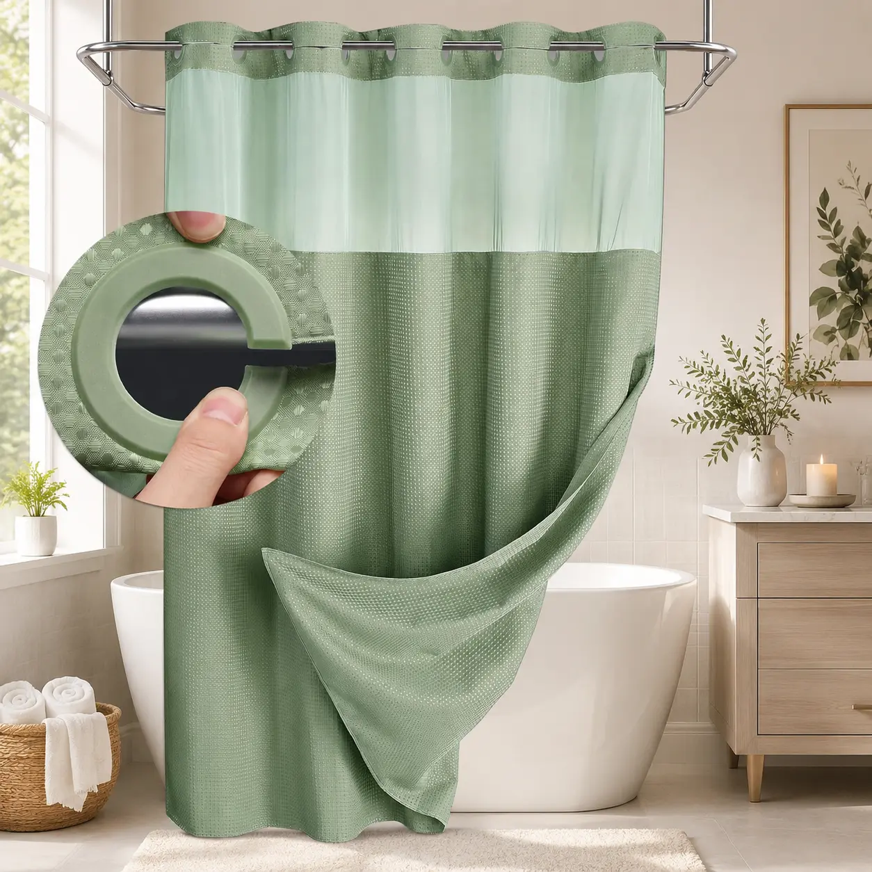 Green Double Layer Waffle-Pattern Shower Curtain - No Hook Snap-in Liner, Fabric Waterproof Inner & Washable White Outer Cloth, Modern Bathroom Accessory for Home/Hotel/Salon/Dorm, 72x75 Inch