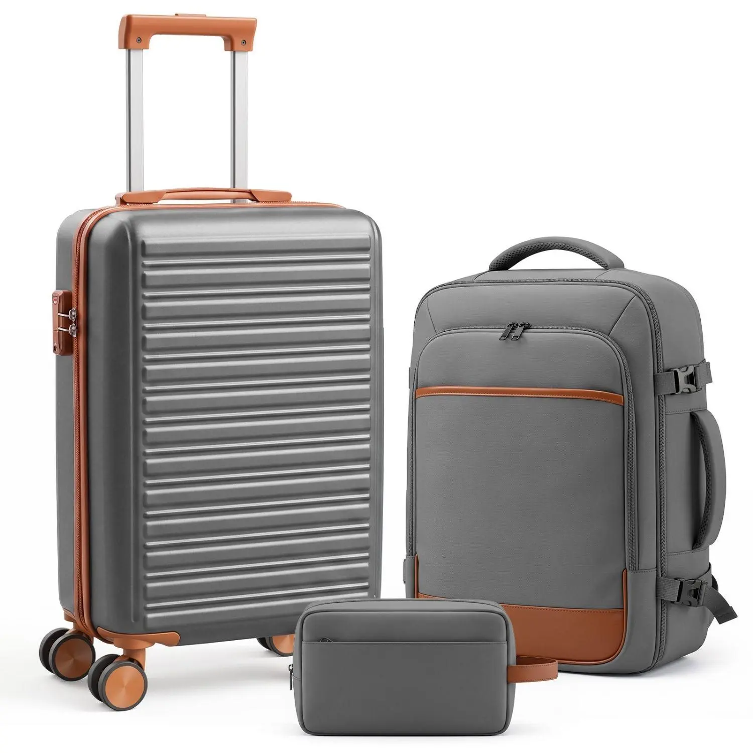 Versatile 3-Piece Luggage Set – Hard Shell Suitcase with Backpack & Toiletry Bag, TSA Lock, Spinner Wheels for Vacation