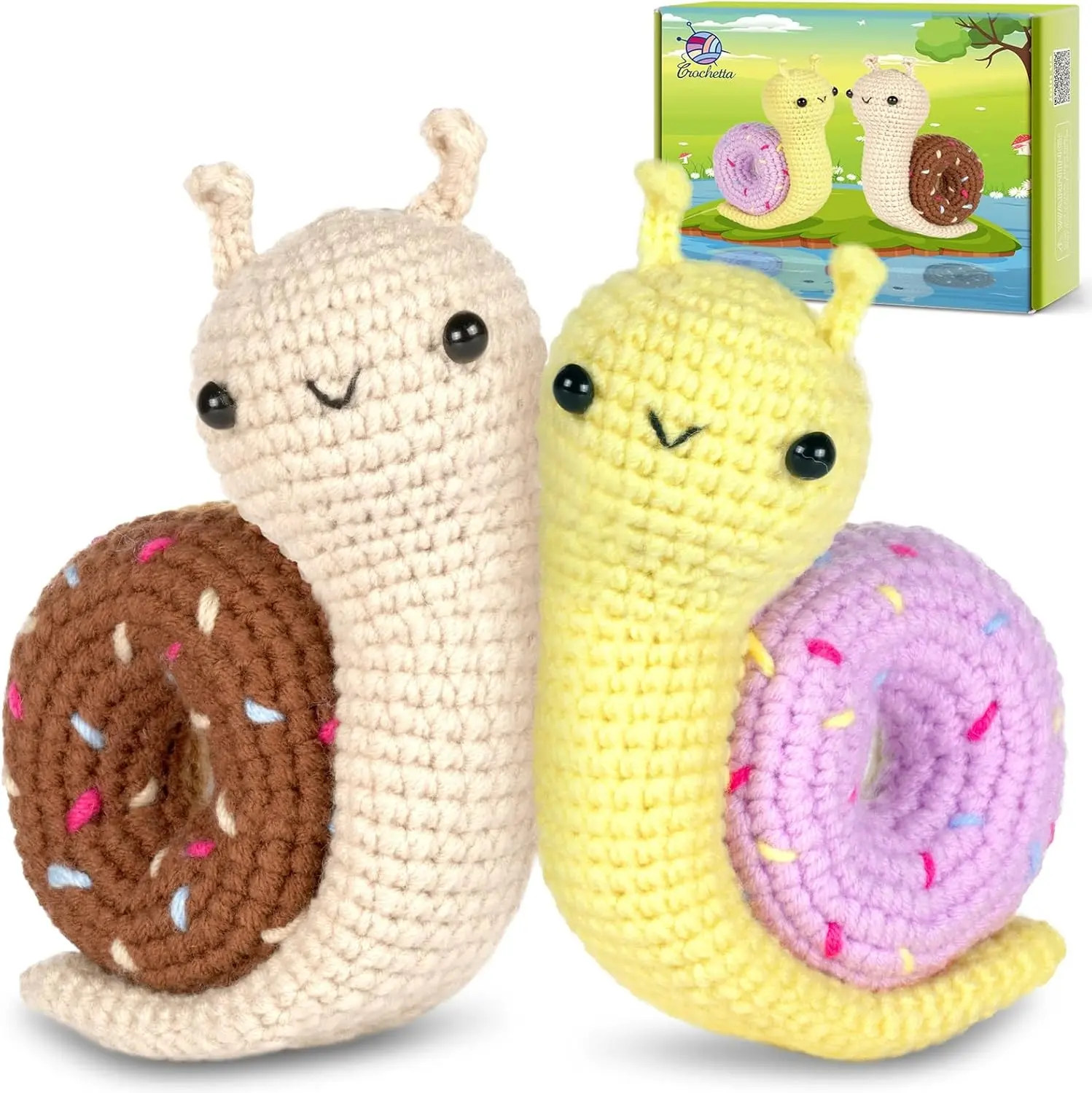 Crochetta Beginner Kit with Crochet Hook, 2-Pack Snail Couple, 8 Yarns & Step-by-Step Video Tutorials, DIY Knitting Supplies for Adults, Ideal Crochet Gifts for Thanksgiving, Valentine's Day, Birthdays