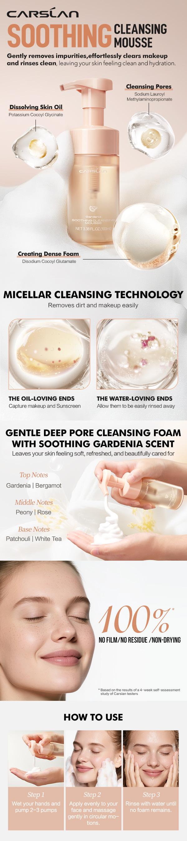 CARSLAN Soothing Cleansing Mousse 2-IN-1 Facial Foaming Cleanser & Remover Gardenia Gentle Formula Sensitive Skin Friendly
