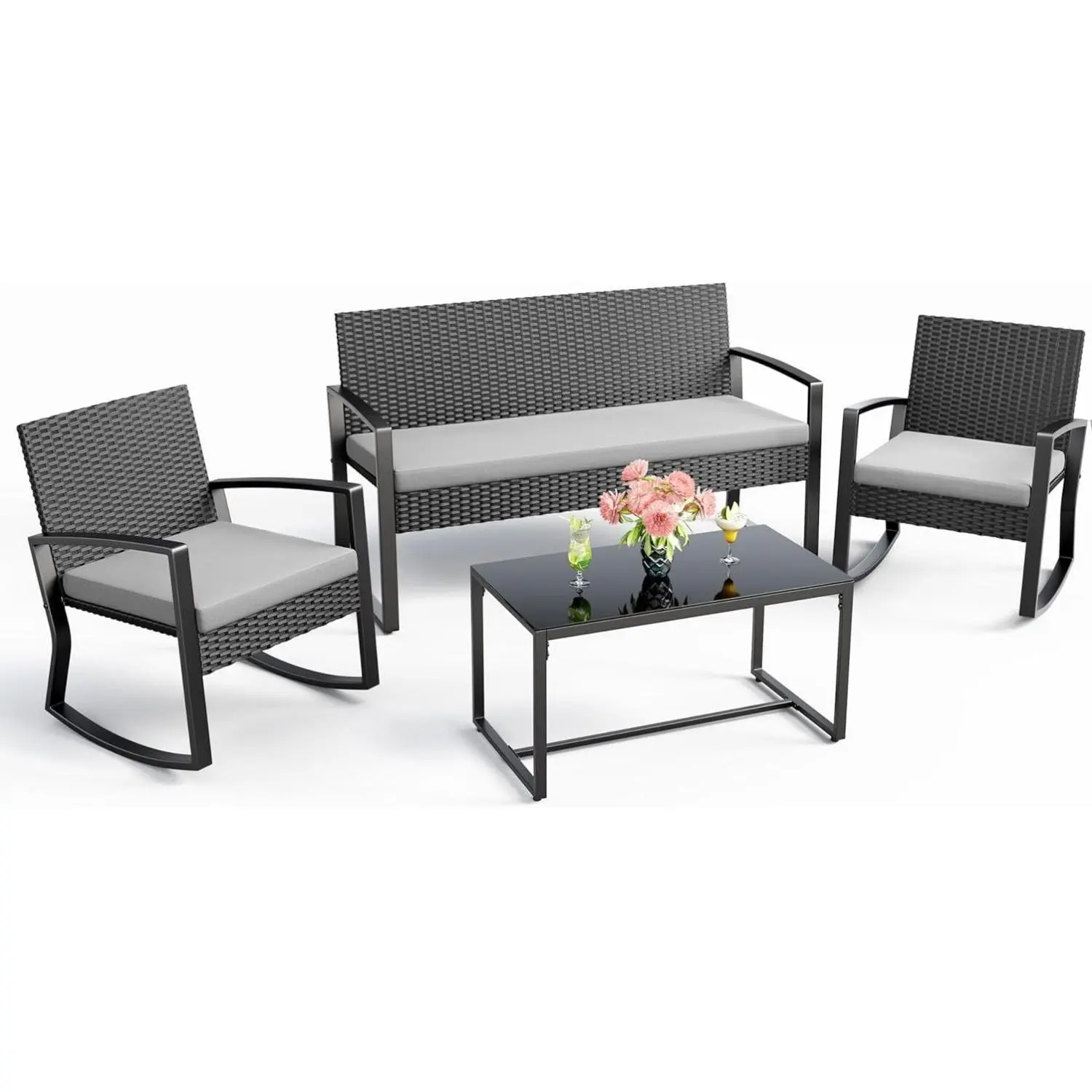 GIZOON 4 Piece Outdoor Patio Furniture Set, Wicker Patio Furniture with Glass Coffee Table, Rocking Wicker Bistro Set, for Backyard, Poolside, Porch (Grey) | Wicker Patio Furniture with Glass Coffee Table, Rocking Wicker Bistro Set, for Backyard, Poolside