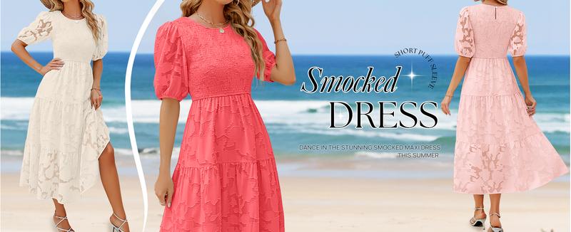 ZESICA Women's 2026 Summer Short Puff Sleeve Crewneck Smocked Floral Lace Flowy A Line Tiered Maxi Dresses