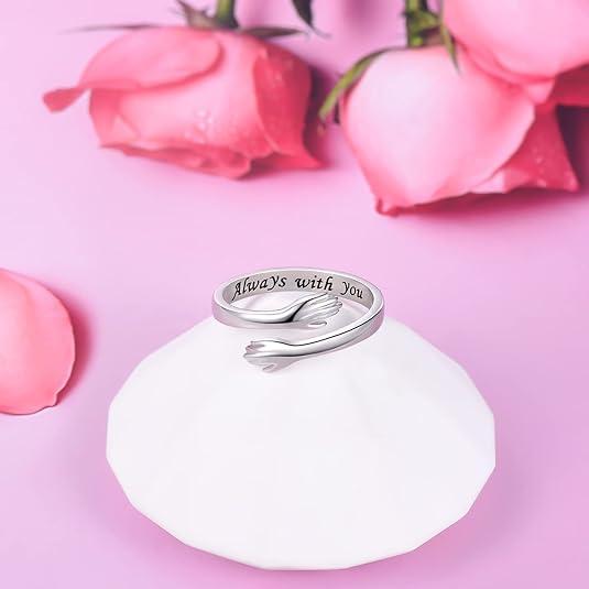 2PCS Hug Ring for Women & Teen Girls Adjustable Jewelry with "Always with You" & "Forever" Inscription Perfect for Mothers Day Birthdays Gifts for Daughters Mom Sister Wife Friends Grandma