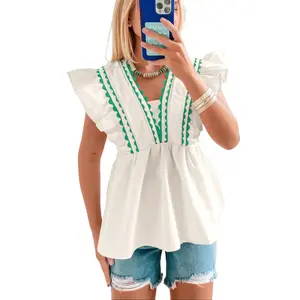 TANKANEO Women’s V Neck Ruffle Sleeve Babydoll Blouse, Trim Scalloped Detail Loose Fit Summer Casual Top