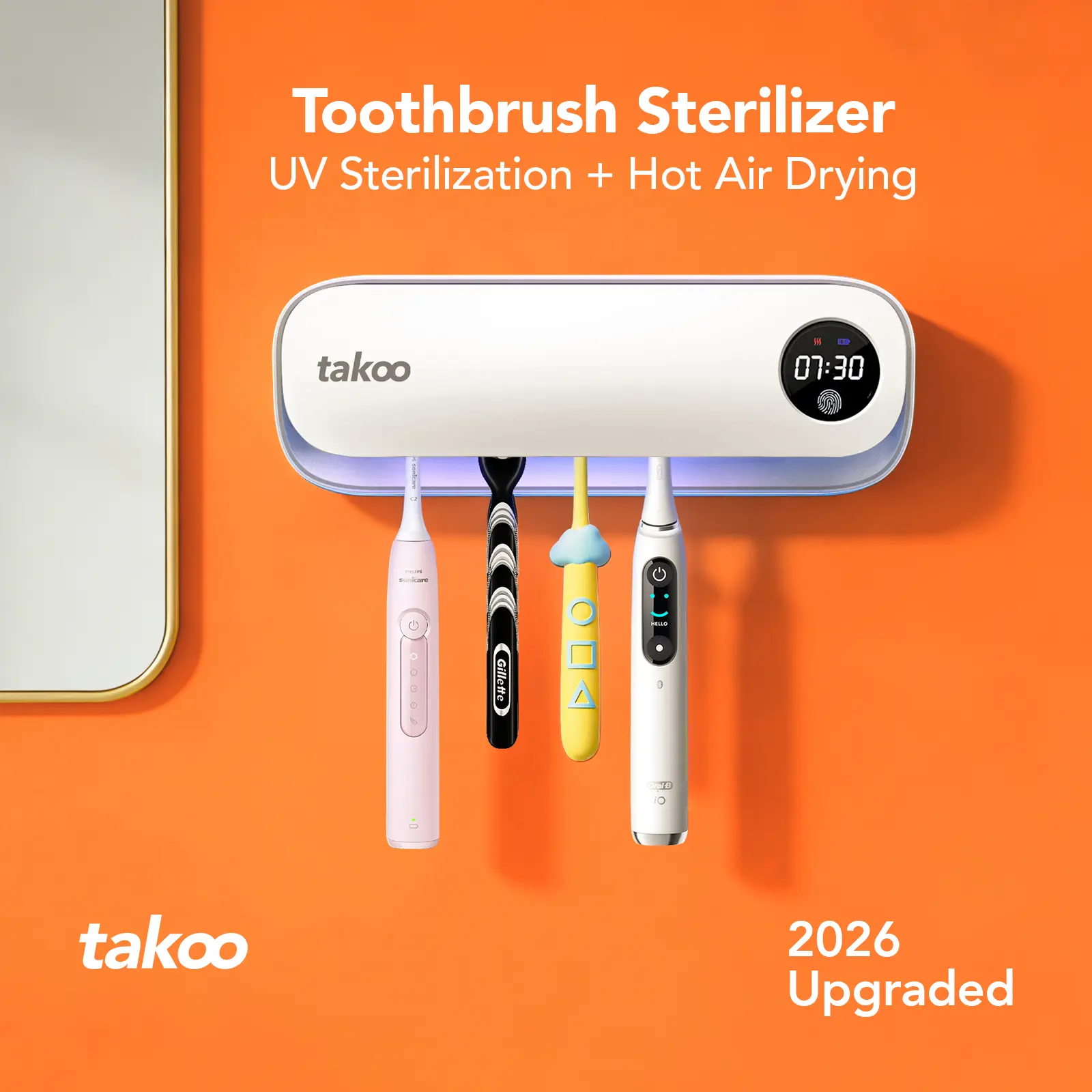 TAKOO Multifunctional UVC Toothbrush & Razor Sterilizer with Dryer - Hot Air Drying, Wall Mount Toothbrush Holder & Sanitizer, Rechargeable Bathroom Accessories, College Dorm Essentials, Toothbrush Protector, Uv Toothbrush Holder