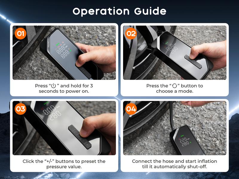 2026 Upgraded VOLLYC Cordless Tire Inflator Portable Wireless Air Compressor 150 PSI High-Pressure Air Pump with 4 Preset Modes for Cars and Inflatables,  Lightweight Automotive Vehicle Tool Car Repair Tools with Long Lasting Battery