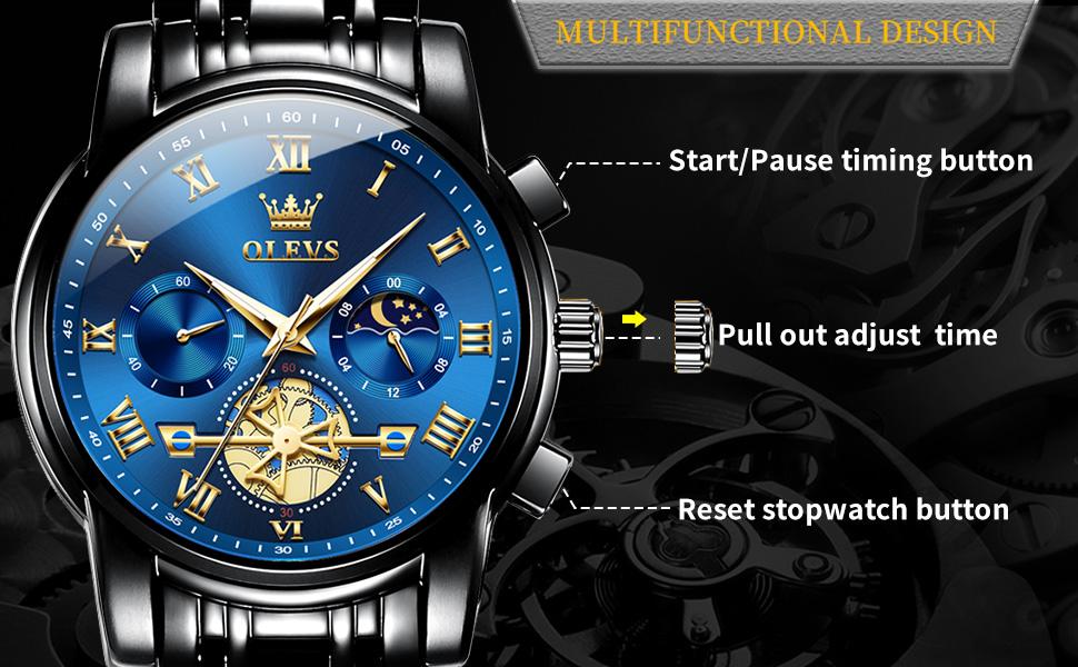 OLEVS Men's Casual Stainless Steel Watch 42mm Dial Waterproof Calendar Moonphase Chronograph Date Analog Quartz Men's Gift