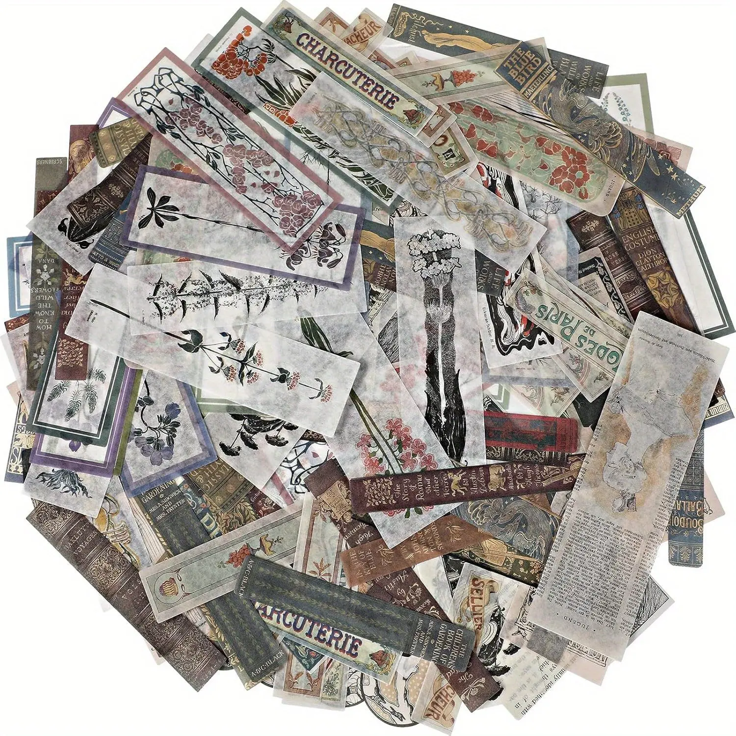 Vintage Layerable Washi Sticker Packs - 120 Multi-Type Decorative Paper Peel-and-Stick Decals, Mixed Sizes 3.15-5.9in (3.15 to 5.9 inches), 3 Coordinated Themes with Design Consistency, Office Stationery for Scrapbooking, Diaries