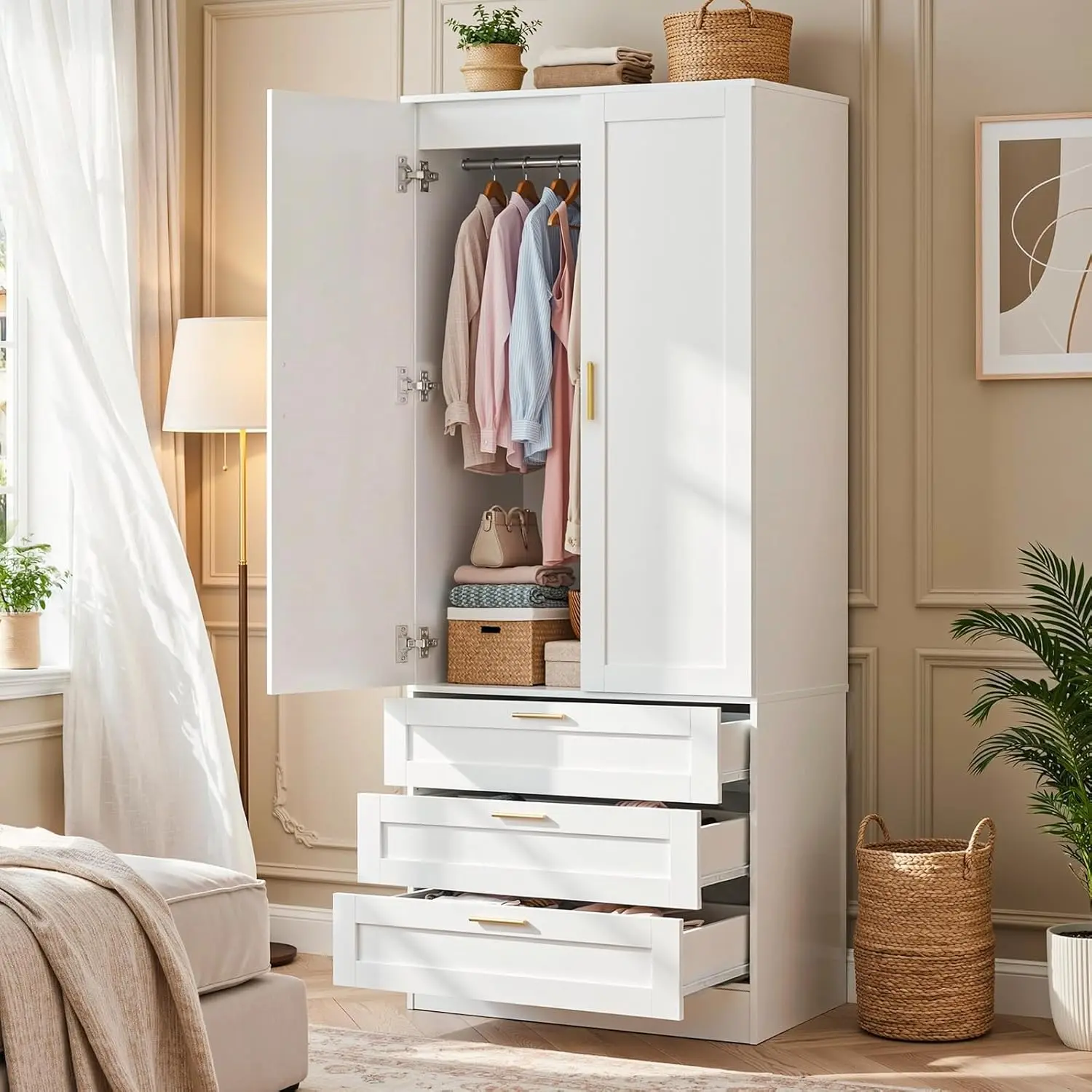 Wardrobe Closet with 2 Doors & 2 Drawers, 68'' Tall Armoire Wardrobe Cabinet wood Closet System with Hanging Rods,Bedroom Storage Closet Organizer Cabinet