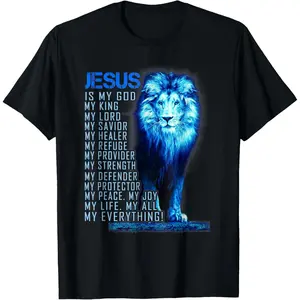 Christian T-shirt [100% Cotton] Majestic Blue Lion T-Shirt With Jesus My Savior And King Design . tokwear Tee