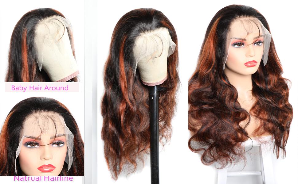 Lemoda Hair Highlight 1B/350 Transparent HD 13x4 Lace Front Wig Human Hair Reddish Brown Ombre Brazilian Virgin Body Wave 180% Density Lace Front Glueless Wig Pre Plucked with Baby Hair for Women