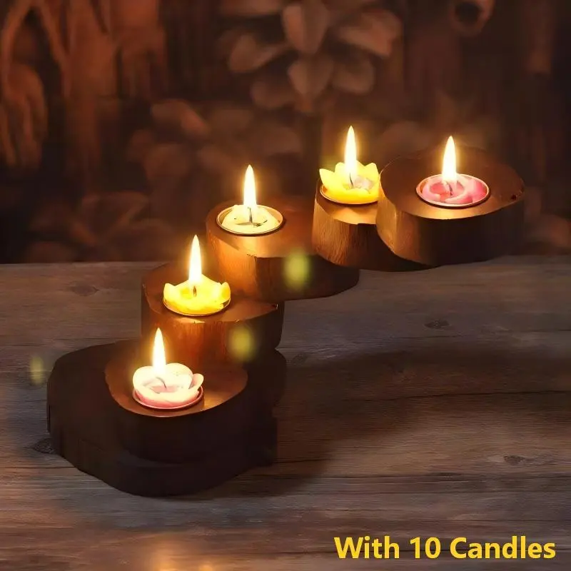 Creative 5-Layer Thai Real Wood Candle Holder, Romantic Dinner Prop, Vintage Multi-Tier Rotating Candlestick Decor, Valentine's Day Gift (10 Wax Candles)