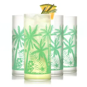 Libbey Vintage Palms Drinking Glasses Set of 4, Colorful, Retro Palm Tree Design Glass Cups Set, Dishwasher Safe Water Glasses Set for Cocktails