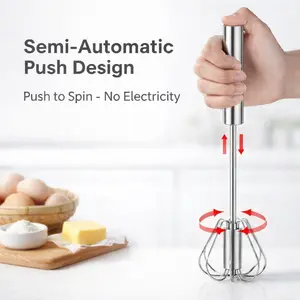 Stainless Steel Semi Automatic Egg Beater, Manual Push Whisk and Hand Push Egg Mixer, Handheld Rotary Whisk for Eggs, Cream, Batter and Sauce Mixing, Durable Kitchen Blender Tool for Baking, Cooking, Coffee, Desserts and Daily Kitchen Use