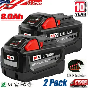 2 PACK 8.0 AH For Milwaukee for M18 Lithium Extended Capacity Battery 48-11-1860 2 PACK 8.0 AH For Milwaukee for M18 Lithium Extended Capacity Battery 48-11-1860